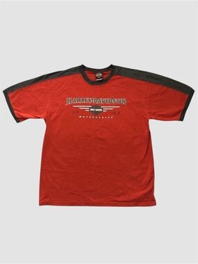 Vintage Y2K Harley Davidson Graphic Tee Short Sleeve Shirt Orange XL